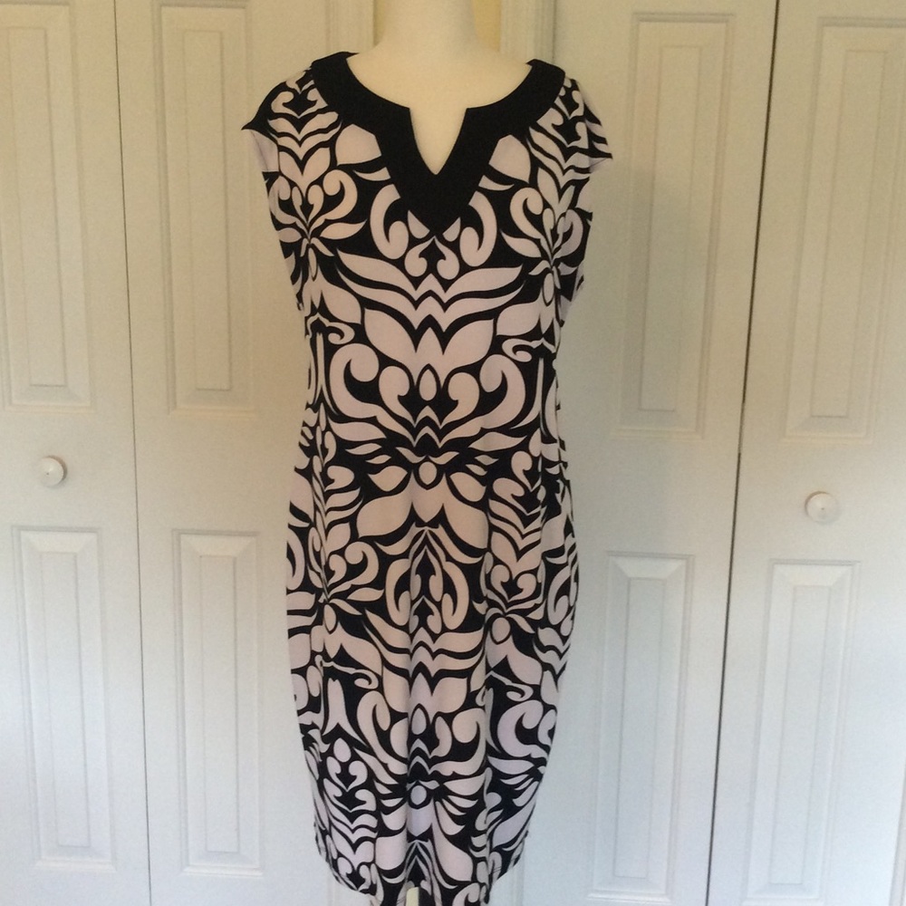 Sleeveless Chico’s black and white shift dress.